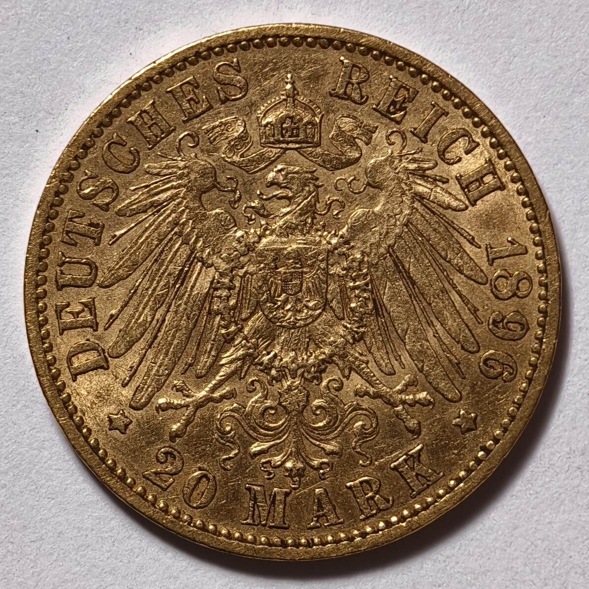 紫瑗钱币——第546期 德国 普鲁士 1896年 A版 威廉二世 20马克 7.965克 0.9金