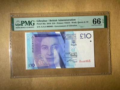 【礼羽收藏】🌏世界钱币拍卖第131期 - 【AA006866】2010年直布罗陀10镑纸币 女王钞 AAA首发冠 无3457尾6866  千位号 倒置号 圆圆号 少见千位圆圆倒置靓号 PMG66