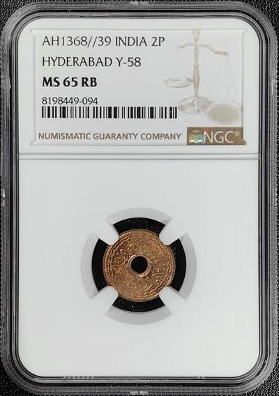 第39期钱币微拍 特惠场 全场顺丰包邮 - NGC MS65RB 英属印度海德拉巴邦 AH1368//39 2P小铜币 原铜光泽
