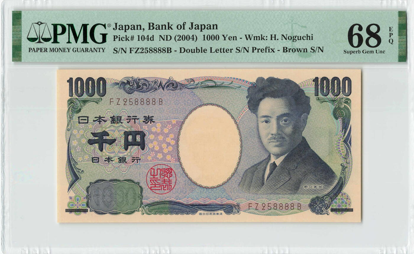 小福收藏拍卖第179期 评级币精选场 本期有老挝1957年50基普样钞 意大利200百多年前超大幅老钞 摩洛哥1968年50迪拉姆 法属安的列斯1963年10法郎 香港政府1元乔治六世以及大量越南 奥地利 马耳他 阿尔及利亚 丹麦等多国精美高分珍稀老钞精品纸币 日本 2004年 1000元 棕色双冠 无47 数3 狮子号8888 野口英世 PMG68 EPQ 季军分