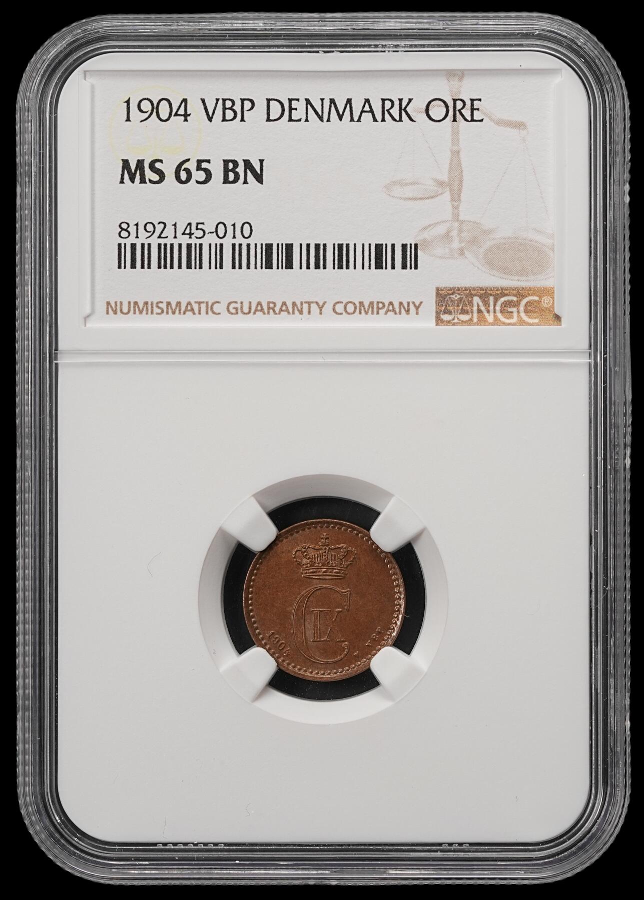 修遠堂世界钱币第五十六期 全场包邮 蛇年首拍 NGC MS65BN 1904年丹麦海豚1欧尔铜币