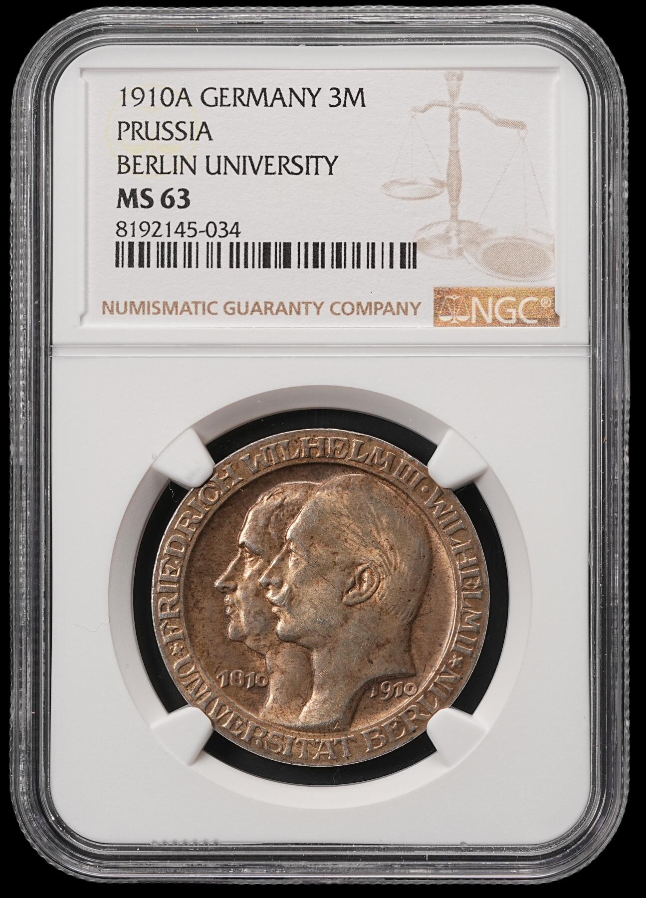 修遠堂世界钱币第五十六期 全场包邮 蛇年首拍 NGC MS63 1910年普鲁士-柏林大学百年纪念3马克银币