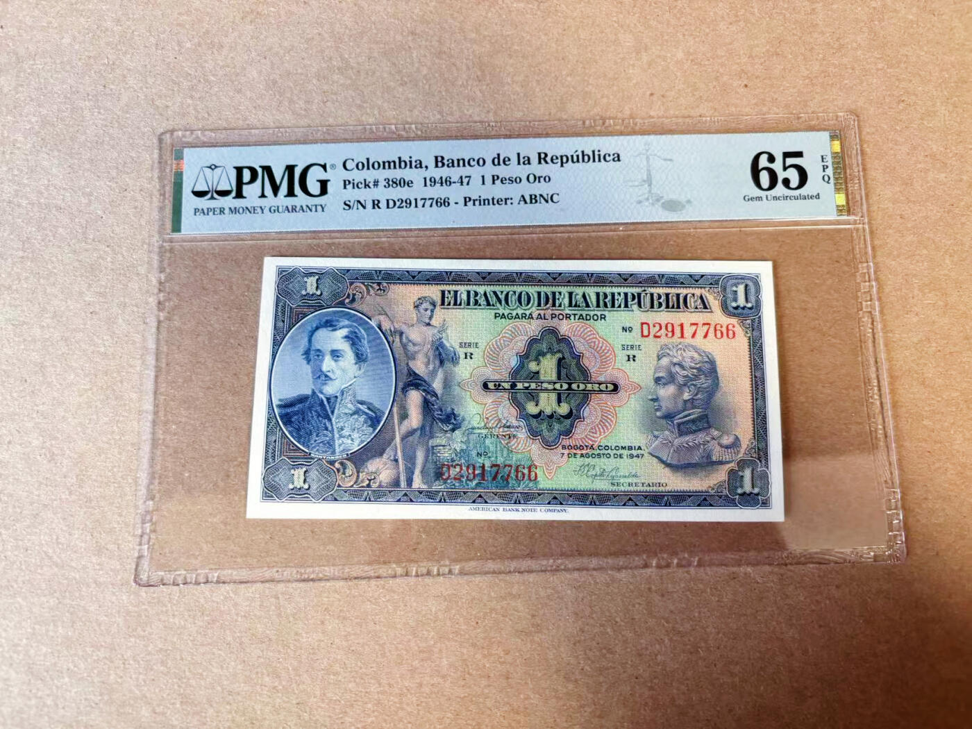 【Blue Auction】✨世界纸币精拍第614期（年前最后一场） 哥伦比亚 1946-47年1比索 ABNC出品 PMG65EPQ 