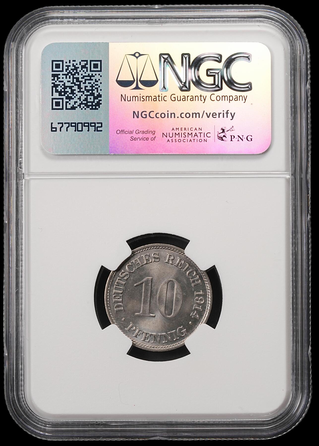 修遠堂世界钱币第五十六期 全场包邮 蛇年首拍 NGC MS65 1914年德意志第二帝国10芬尼 E厂铭