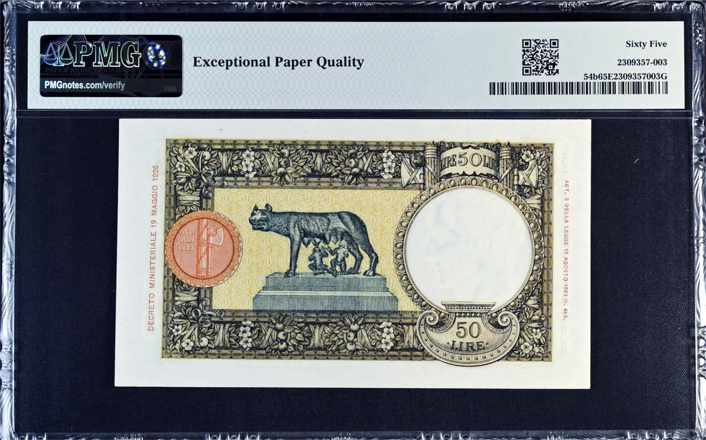 【Blue Auction】✨世界纸币精拍第614期（年前最后一场） 【亚军分】意大利 1927-41年50里拉 凯撒水印 背面狼孩 纹饰精美 PMG65EPQ 绝品