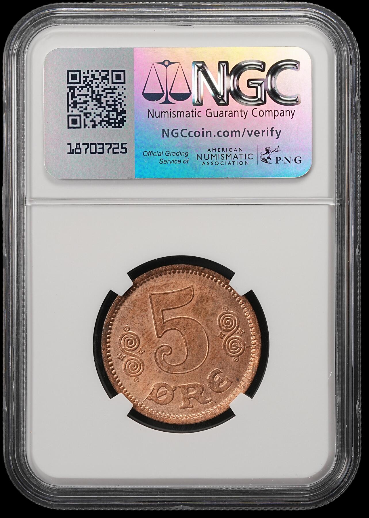 修遠堂世界钱币第五十六期 全场包邮 蛇年首拍 NGC MS64RB 1916年丹麦5欧尔铜币 较少见年份 铸造量只有80多万枚