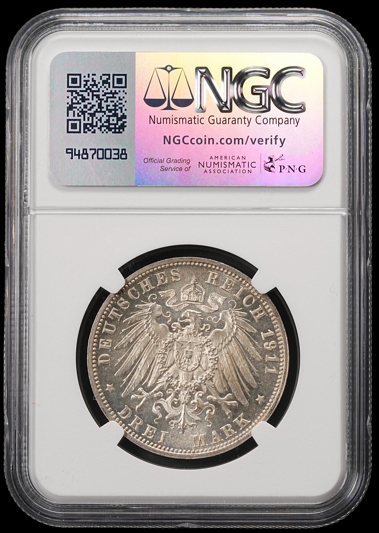 修遠堂世界钱币第五十六期 全场包邮 蛇年首拍 NGC MS65 1911年巴伐利亚摄政王90大寿纪念3马克银币