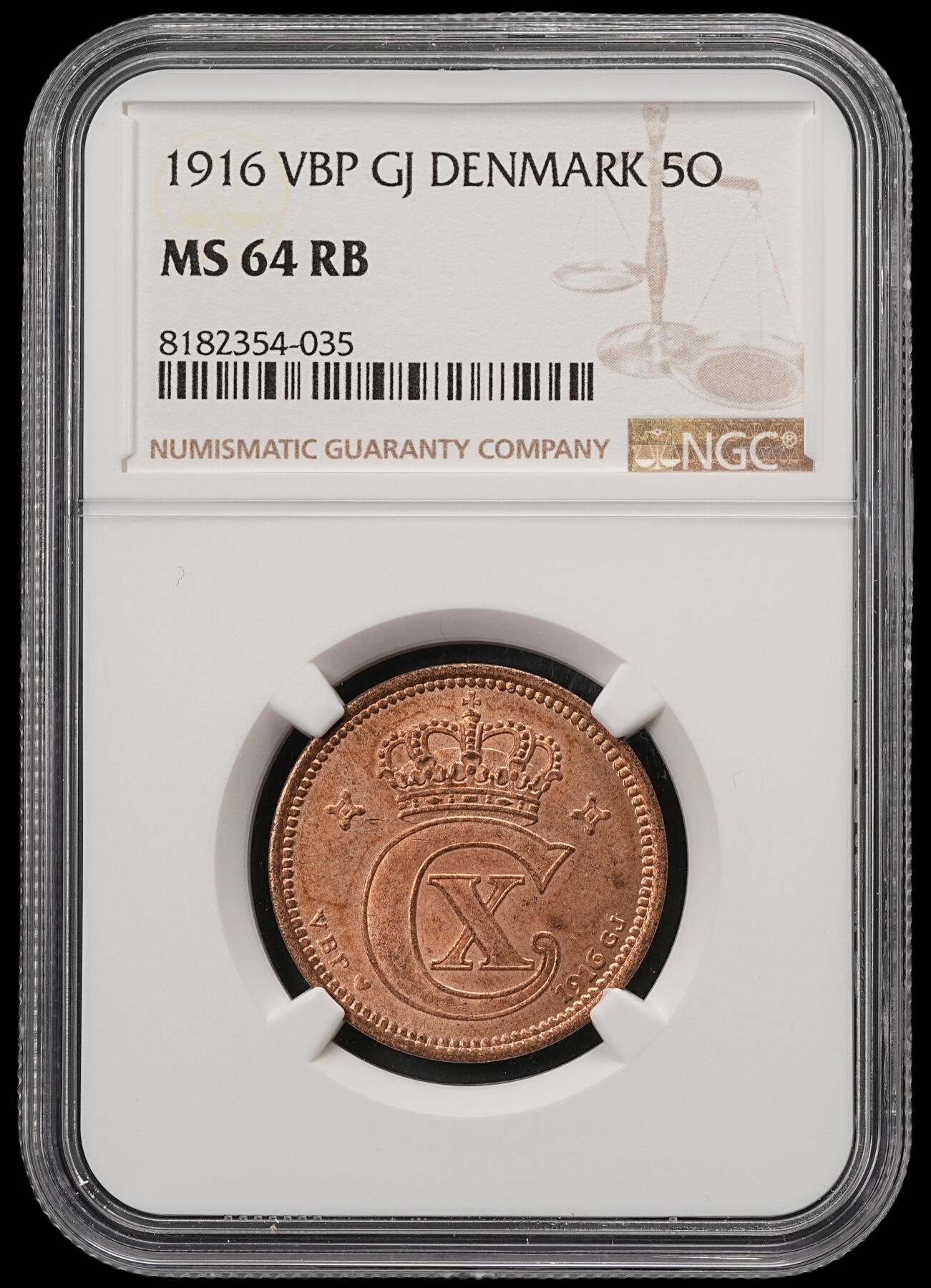 修遠堂世界钱币第五十六期 全场包邮 蛇年首拍 NGC MS64RB 1916年丹麦5欧尔铜币 较少见年份 铸造量只有80多万枚