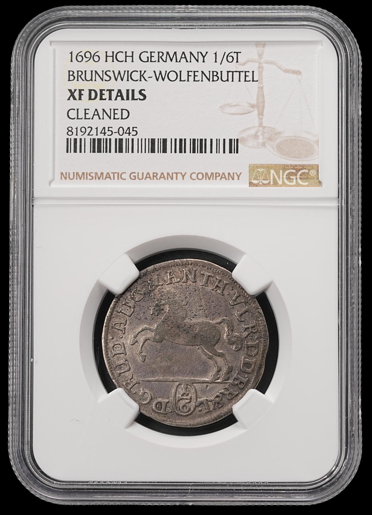 修遠堂世界钱币第五十六期 全场包邮 蛇年首拍 NGC XFD 1696年布伦瑞克·沃尔芬布特尔 飞马 1/6泰勒银币