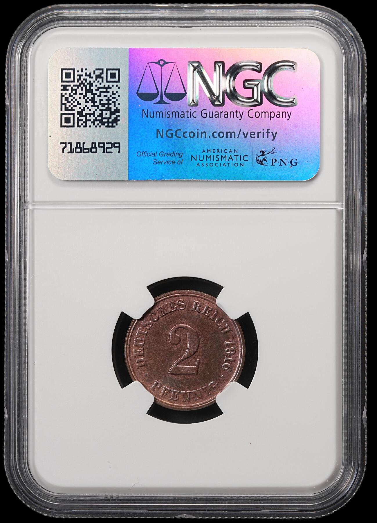 修遠堂世界钱币第五十六期 全场包邮 蛇年首拍 NGC MS62BN 1916年德意志第二帝国2芬尼铜币 E厂铭
