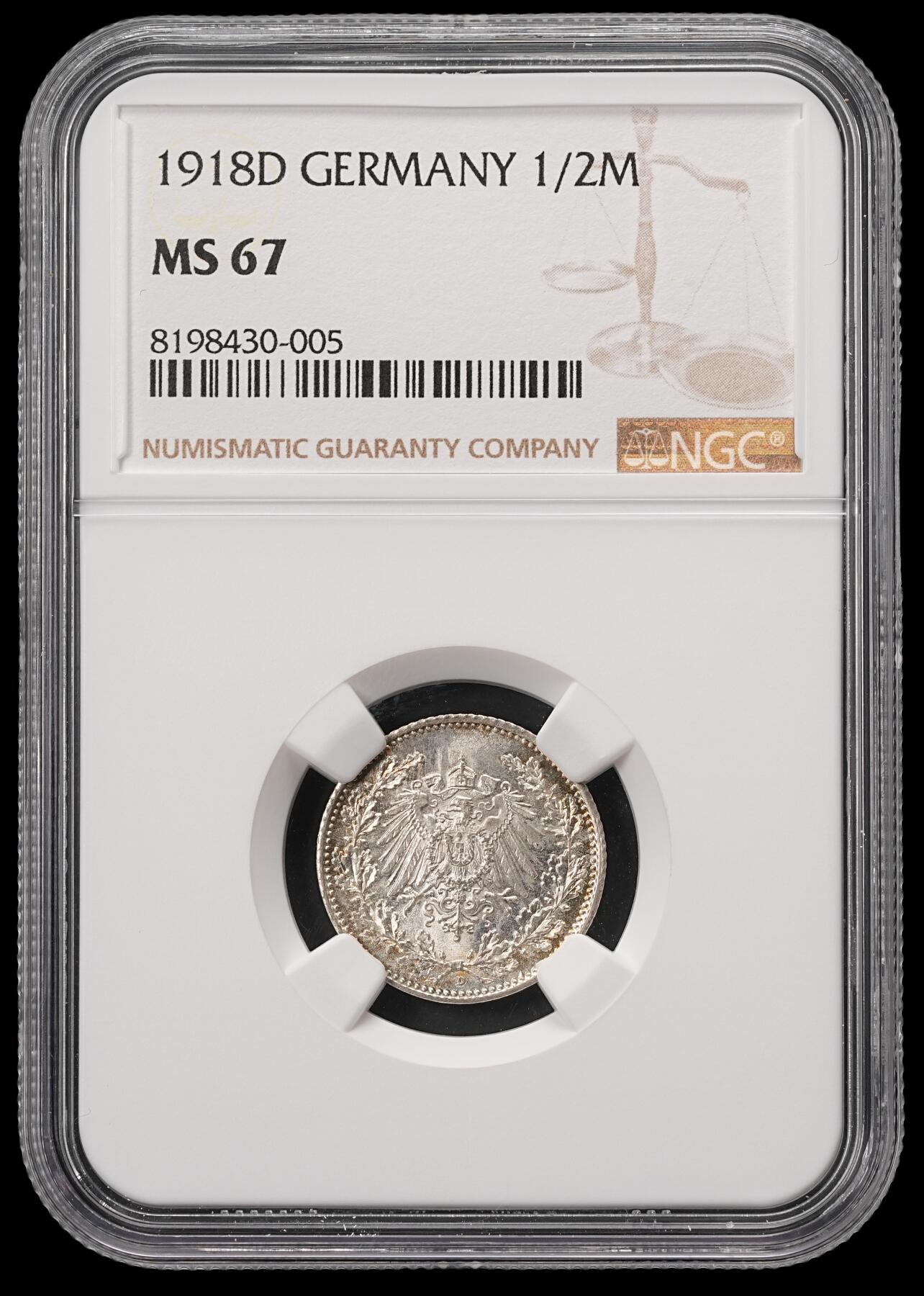 修遠堂世界钱币第五十六期 全场包邮 蛇年首拍 NGC MS67 1918年德国1/2马克银币 D厂铭
