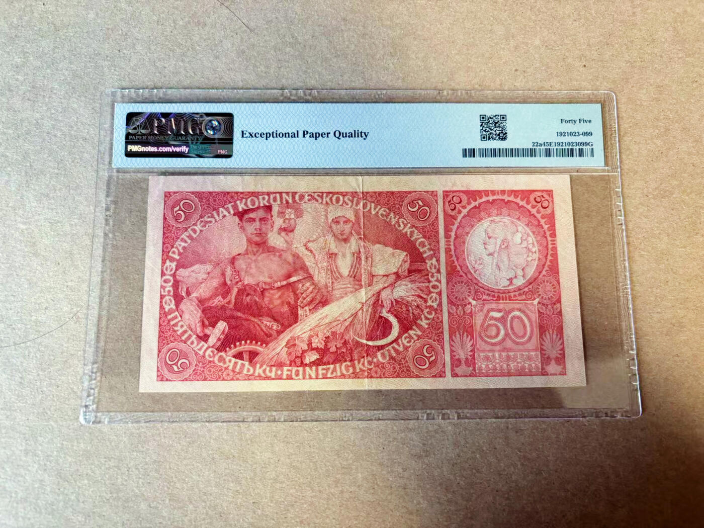 【Blue Auction】✨世界纸币精拍第614期（年前最后一场） 【实钞倒置号】捷斯1929年50克朗 PMG45EPQ 原票 慕夏作品 