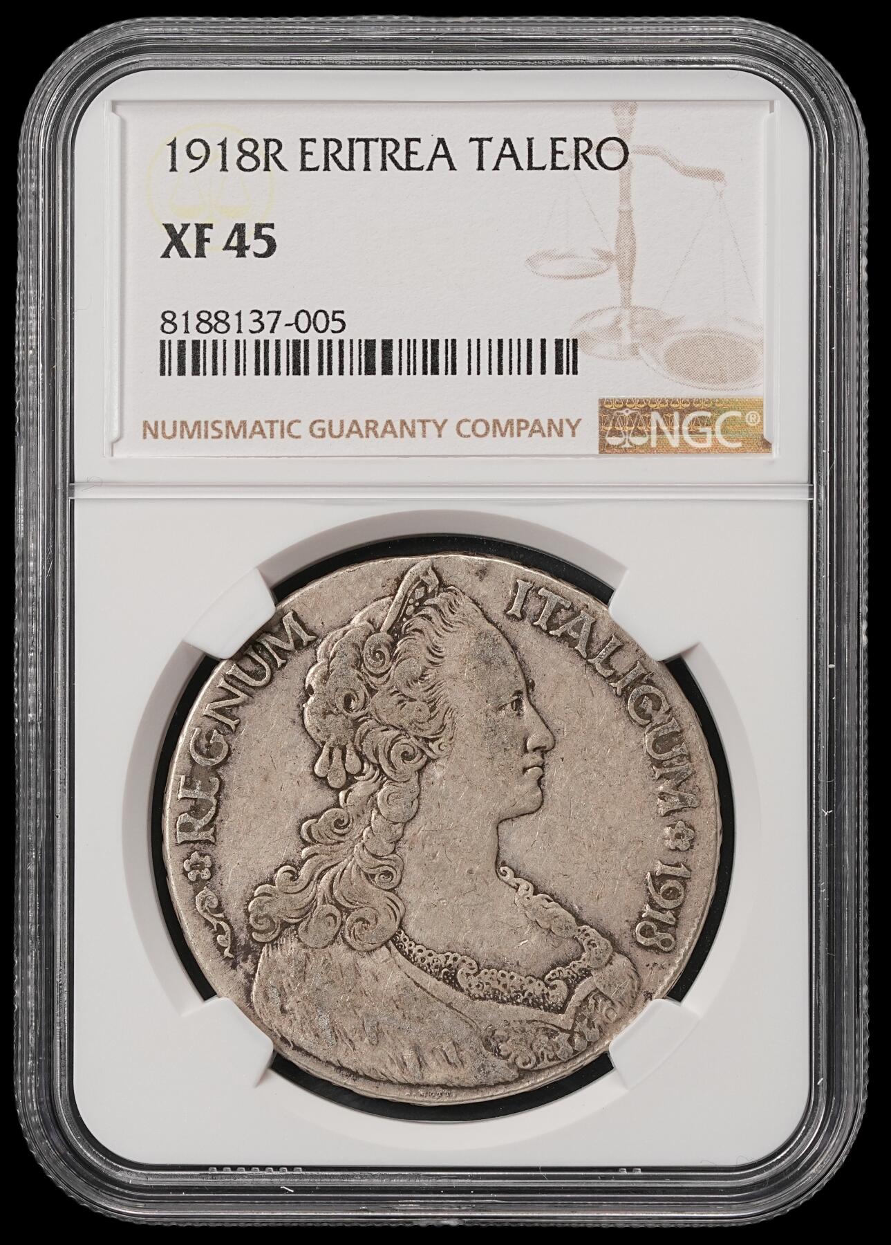 修遠堂世界钱币第五十六期 全场包邮 蛇年首拍 NGC XF45 1918年厄立特里亚1泰勒大银币