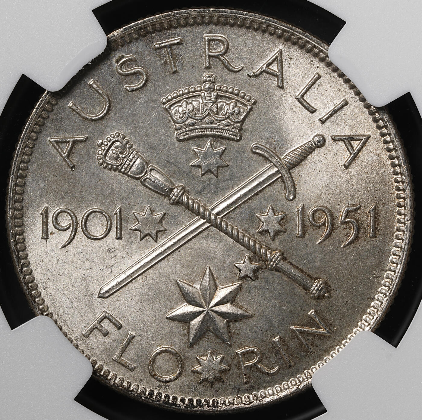 修遠堂世界钱币第五十六期 全场包邮 蛇年首拍 NGC MS64 1951年澳大利亚联邦50周年纪念1弗罗林银币