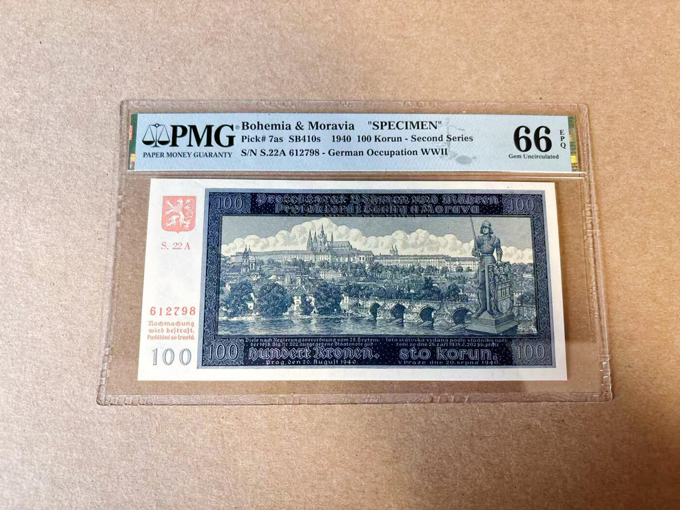 【Blue Auction】✨世界纸币精拍第614期（年前最后一场） 【样钞】波西米亚 1940年100克朗 PMG66EPQ 