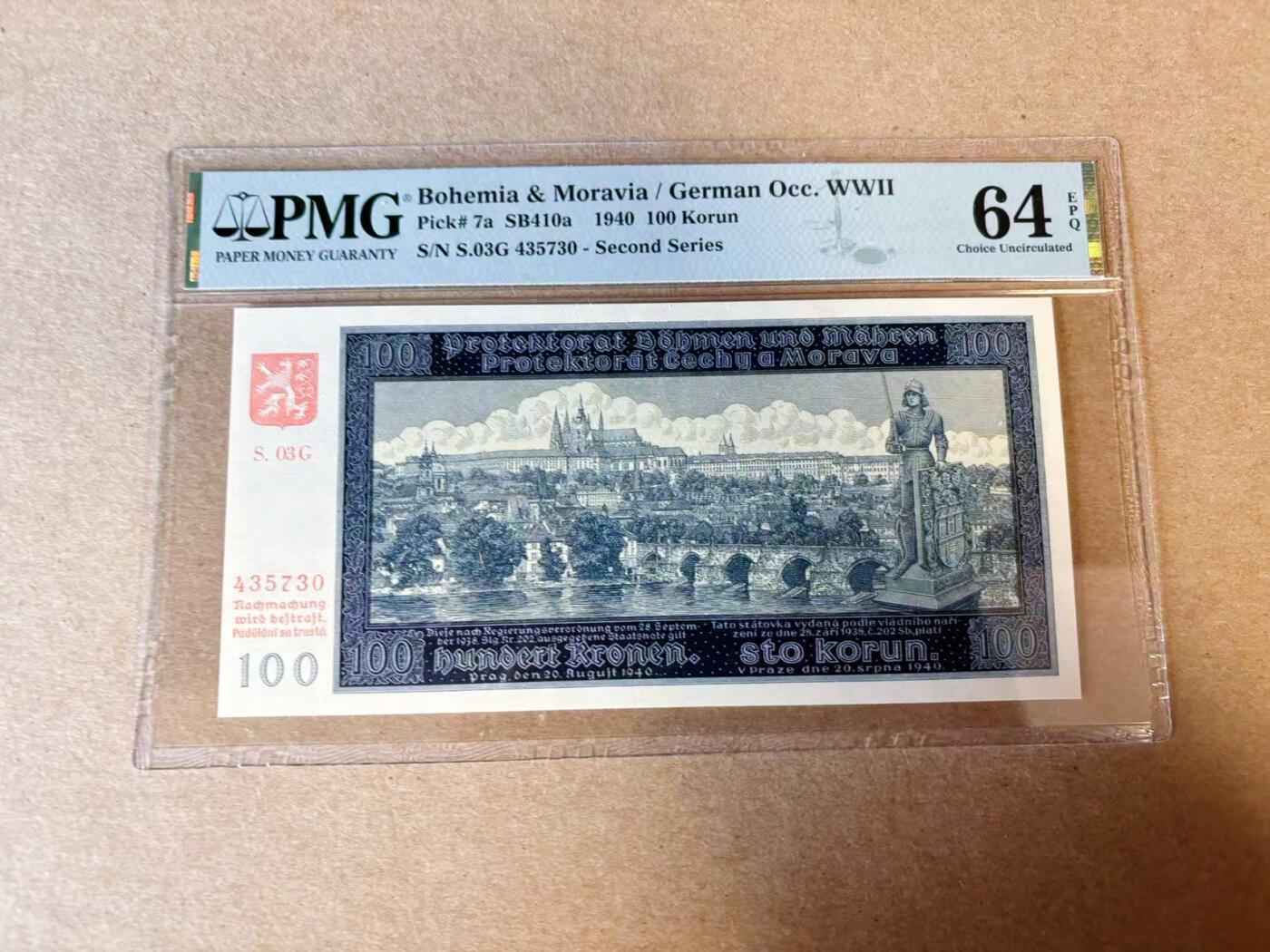 【Blue Auction】✨世界纸币精拍第614期（年前最后一场） 【实钞】波西米亚 1940年100克朗 PMG64EPQ 