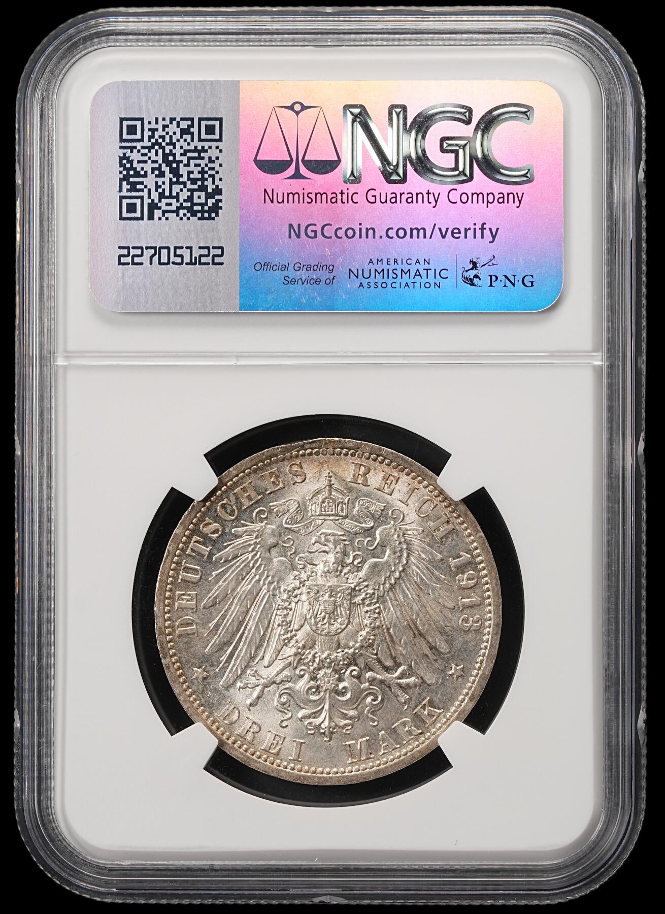 修遠堂世界钱币第五十六期 全场包邮 蛇年首拍 NGC MS64 1913年普鲁士威廉二世执政25周年纪念3马克银币