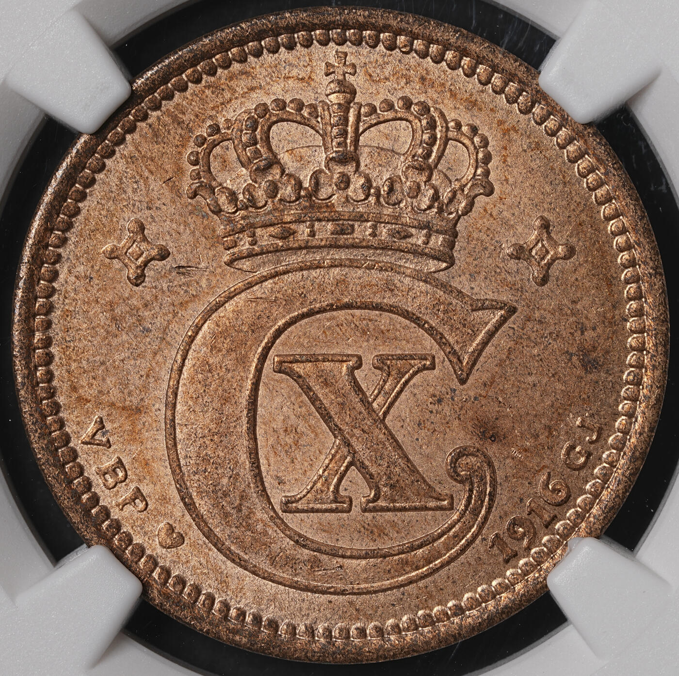 修遠堂世界钱币第五十六期 全场包邮 蛇年首拍 NGC MS64RB 1916年丹麦5欧尔铜币 较少见年份 铸造量只有80多万枚