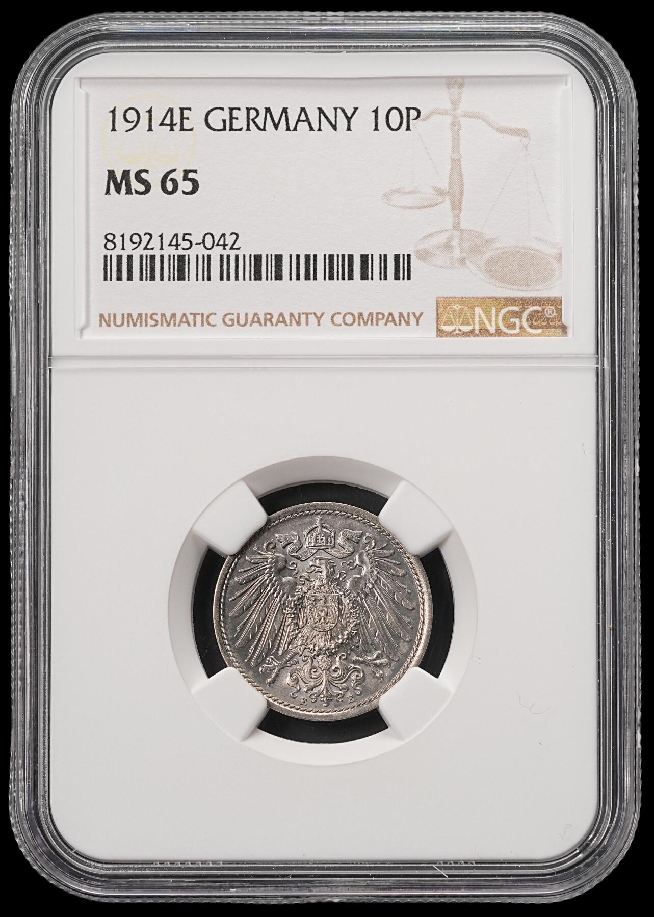 修遠堂世界钱币第五十六期 全场包邮 蛇年首拍 NGC MS65 1914年德意志第二帝国10芬尼 E厂铭