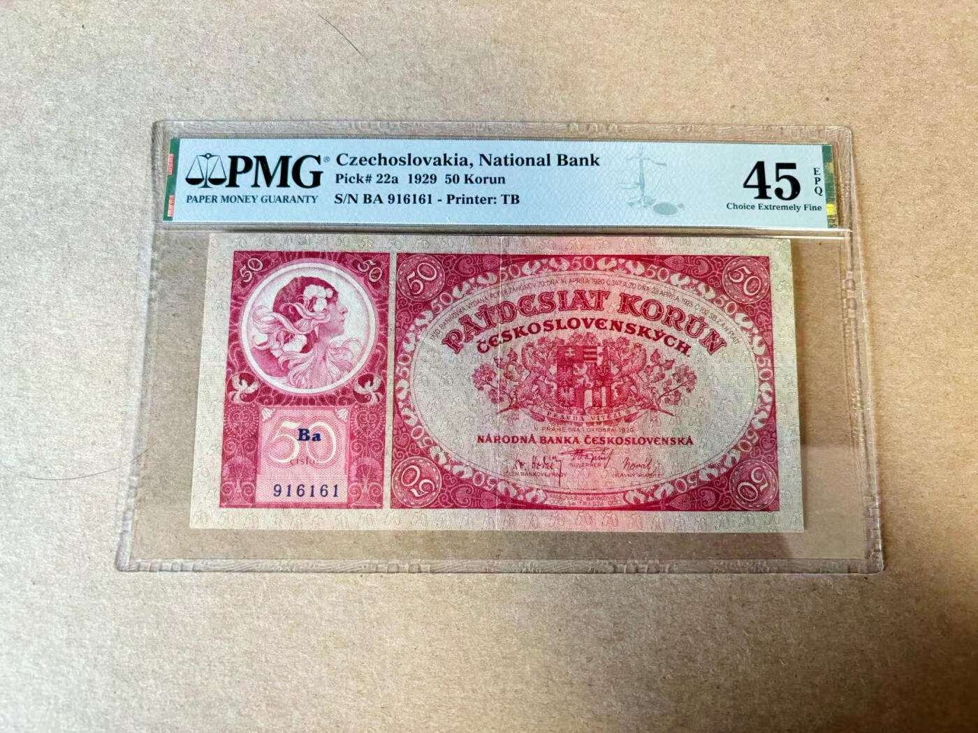 【Blue Auction】✨世界纸币精拍第614期（年前最后一场） 【实钞倒置号】捷斯1929年50克朗 PMG45EPQ 原票 慕夏作品 