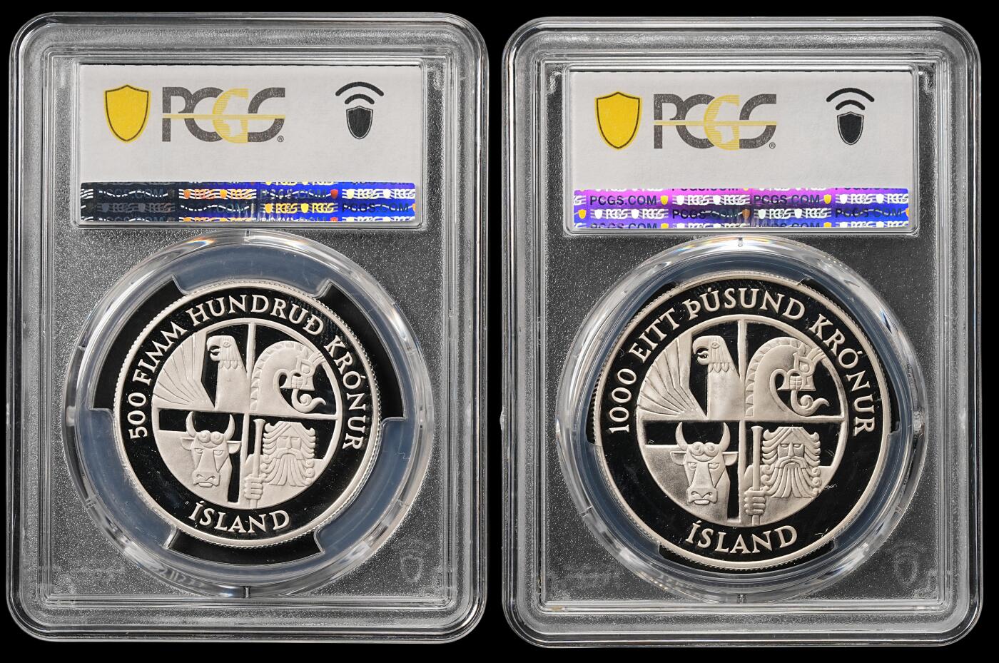修遠堂世界钱币第五十六期 全场包邮 蛇年首拍 PCGS评级 1974年冰岛定居1100年纪念精制银币两枚 带盒证 两枚共重50g，925银