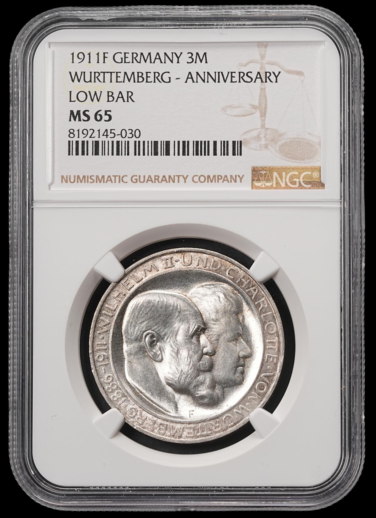 修遠堂世界钱币第五十六期 全场包邮 蛇年首拍 NGC MS65 1911年符腾堡国王银婚纪念3马克银币