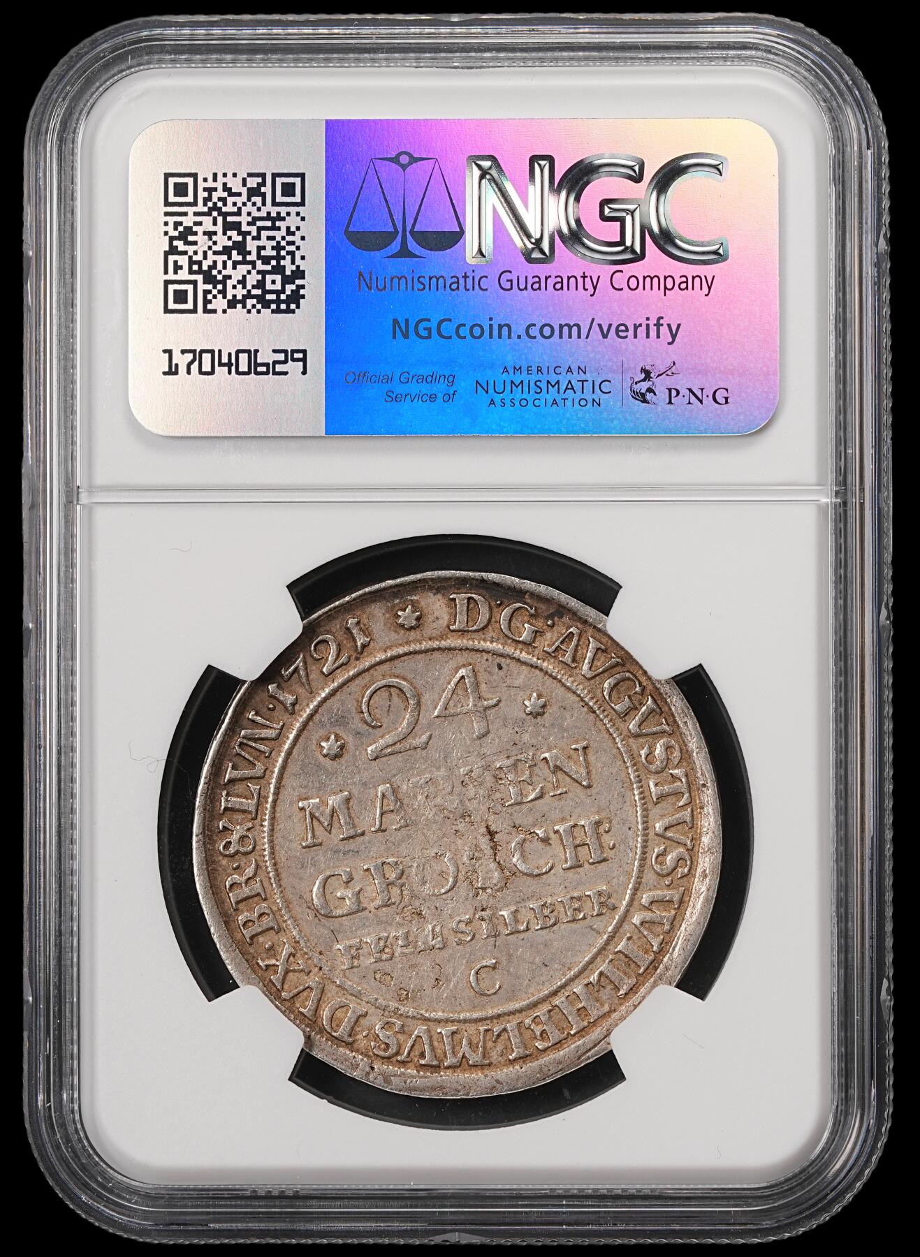 修遠堂世界钱币第五十六期 全场包邮 蛇年首拍 NGC AU55 1721年布伦瑞克·沃尔芬布特尔 野人24MG（2/3泰勒）银币
