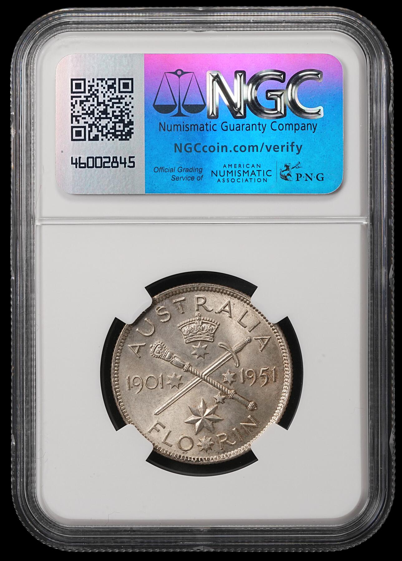 修遠堂世界钱币第五十六期 全场包邮 蛇年首拍 NGC MS64 1951年澳大利亚联邦50周年纪念1弗罗林银币