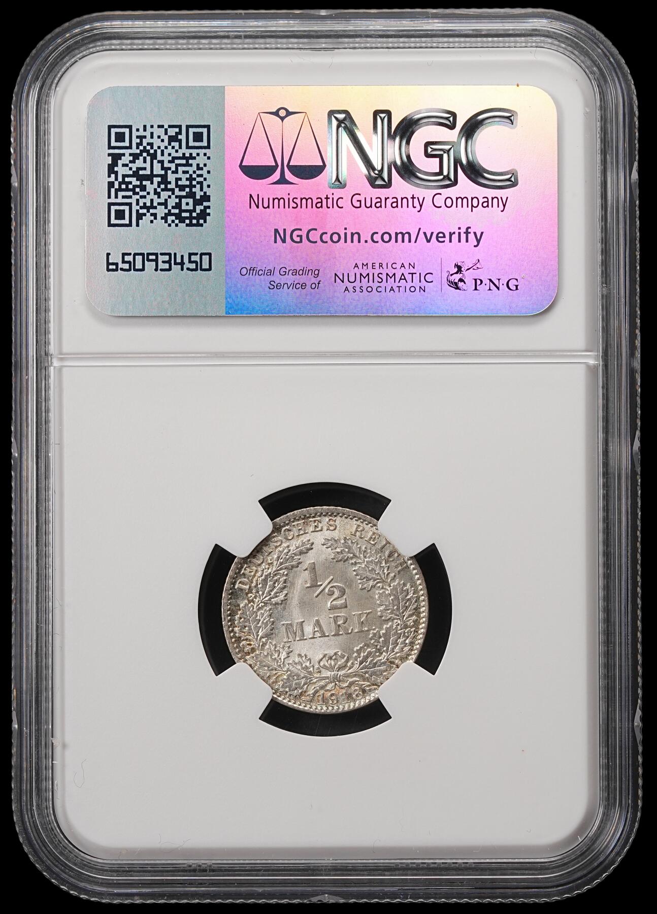 修遠堂世界钱币第五十六期 全场包邮 蛇年首拍 NGC MS67 1918年德国1/2马克银币 D厂铭