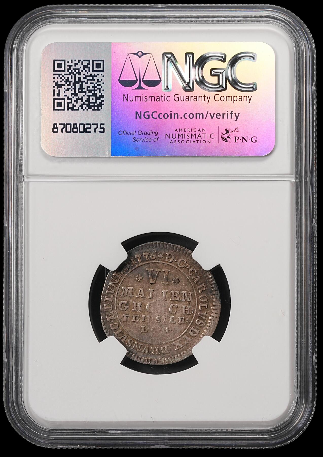 修遠堂世界钱币第五十六期 全场包邮 蛇年首拍 NGC AU53 1776年布伦瑞克·沃尔芬布特尔 野人6 MG银币