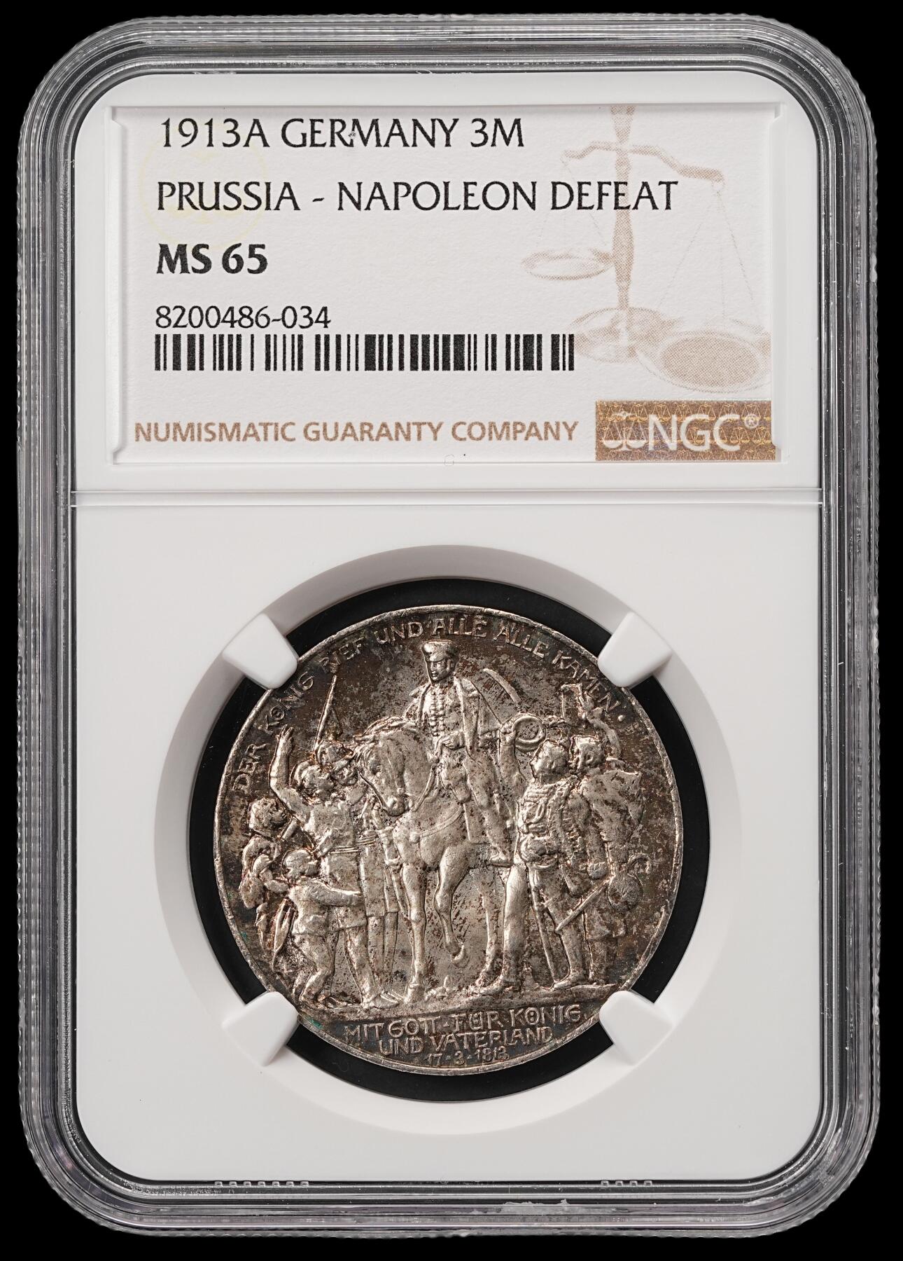修遠堂世界钱币第五十六期 全场包邮 蛇年首拍 NGC MS65 1913年普鲁士战胜拿破仑百年纪念3马克银币