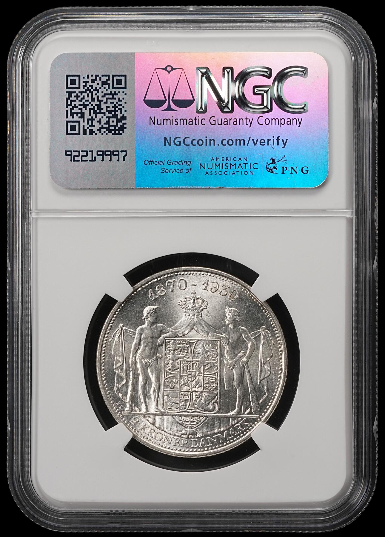 修遠堂世界钱币第五十六期 全场包邮 蛇年首拍 NGC MS65 1930年丹麦国王60大寿纪念2克朗银币 强转光