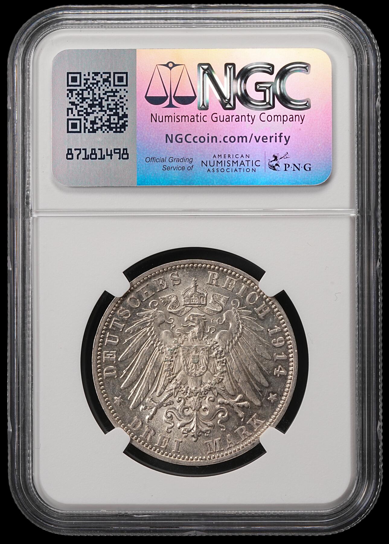 修遠堂世界钱币第五十六期 全场包邮 蛇年首拍 NGC MS62 1914年巴伐利亚3马克银币