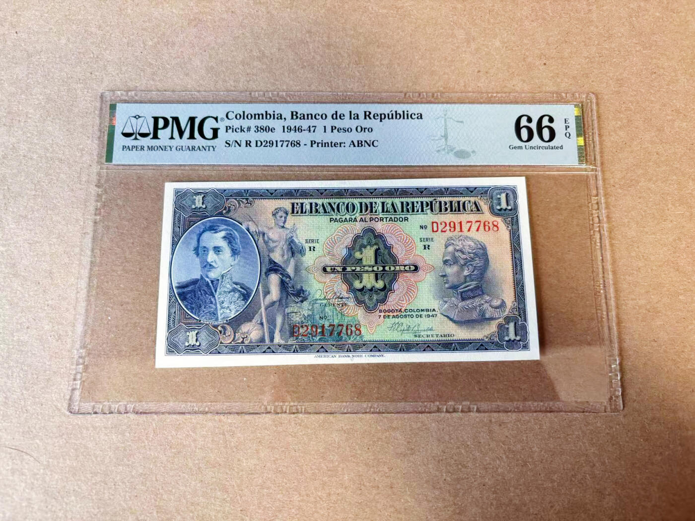 【Blue Auction】✨世界纸币精拍第614期（年前最后一场） 哥伦比亚 1946-47年1比索 ABNC出品 PMG66EPQ 