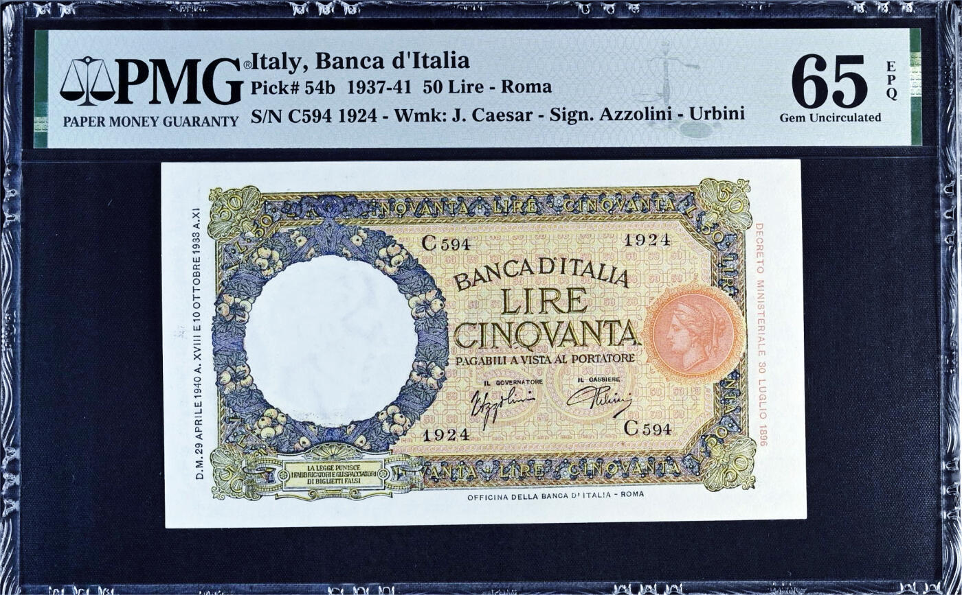 【Blue Auction】✨世界纸币精拍第614期（年前最后一场） 【亚军分】意大利 1927-41年50里拉 凯撒水印 背面狼孩 纹饰精美 PMG65EPQ 绝品
