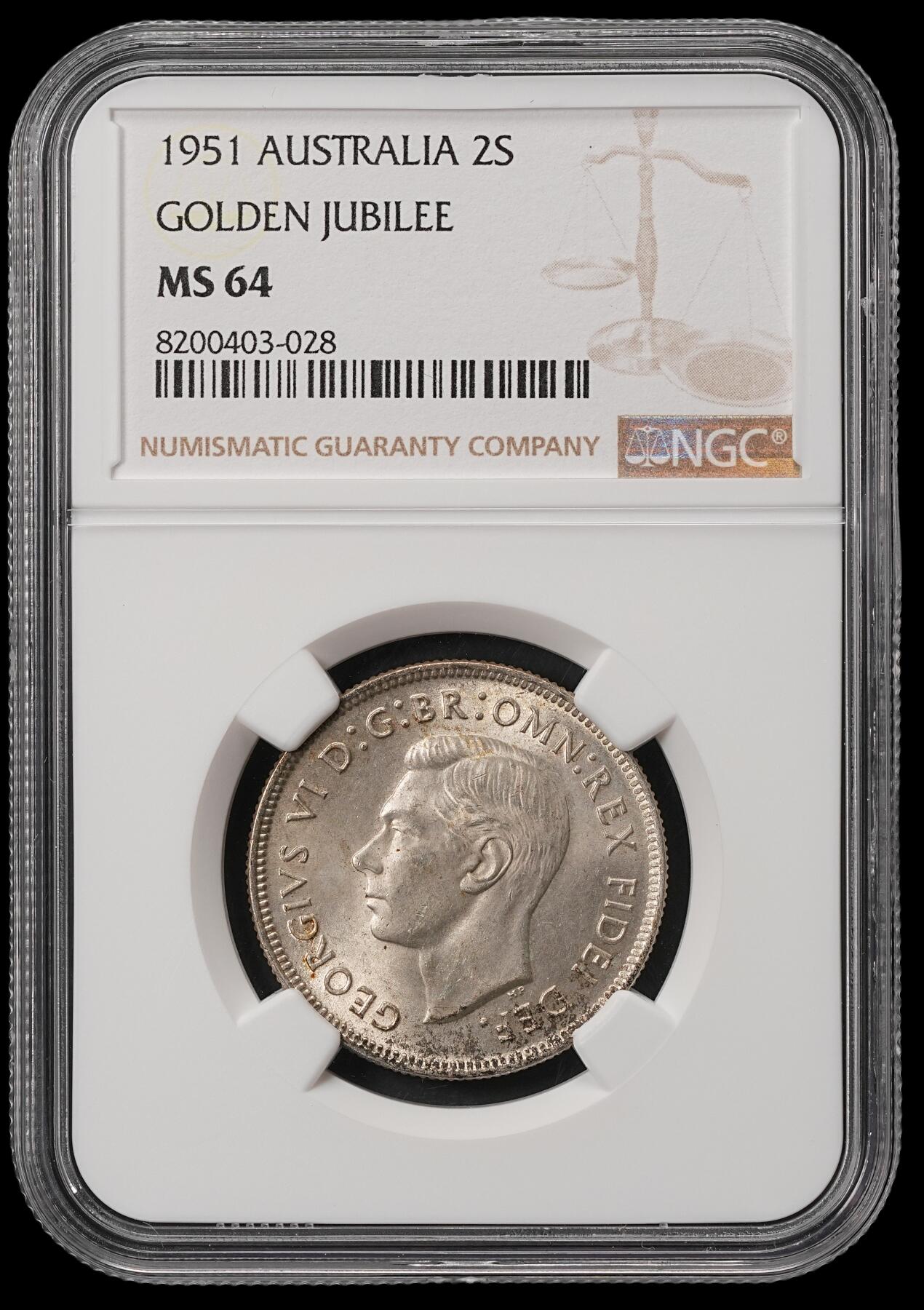 修遠堂世界钱币第五十六期 全场包邮 蛇年首拍 NGC MS64 1951年澳大利亚联邦50周年纪念1弗罗林银币