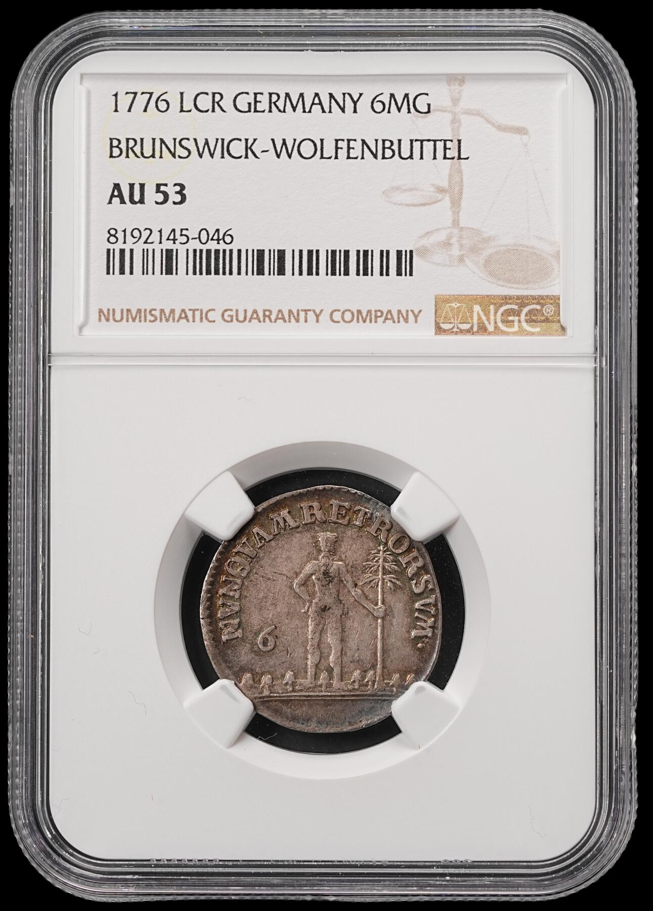 修遠堂世界钱币第五十六期 全场包邮 蛇年首拍 NGC AU53 1776年布伦瑞克·沃尔芬布特尔 野人6 MG银币