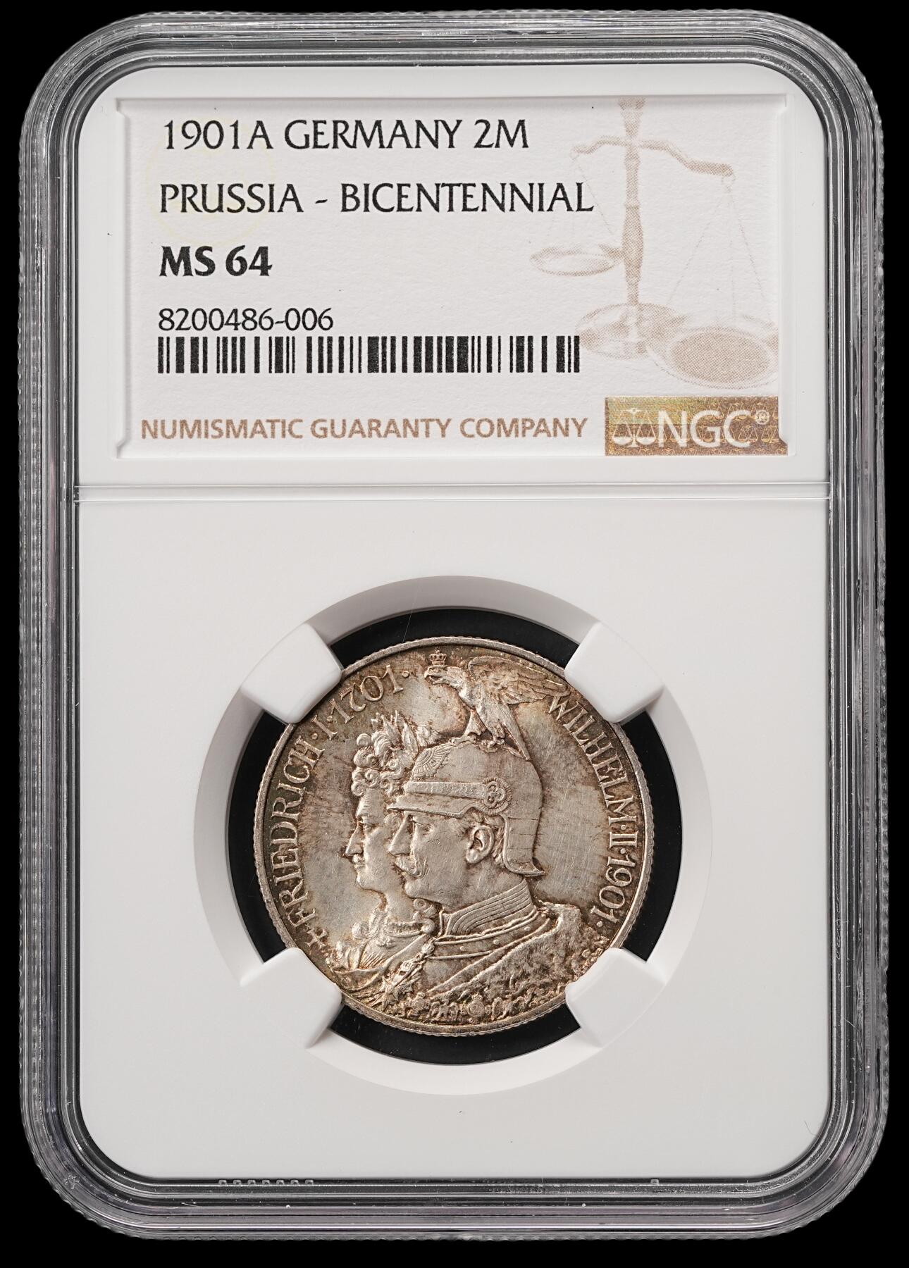 修遠堂世界钱币第五十六期 全场包邮 蛇年首拍 NGC MS64 1901年普鲁士建国200周年2马克银币