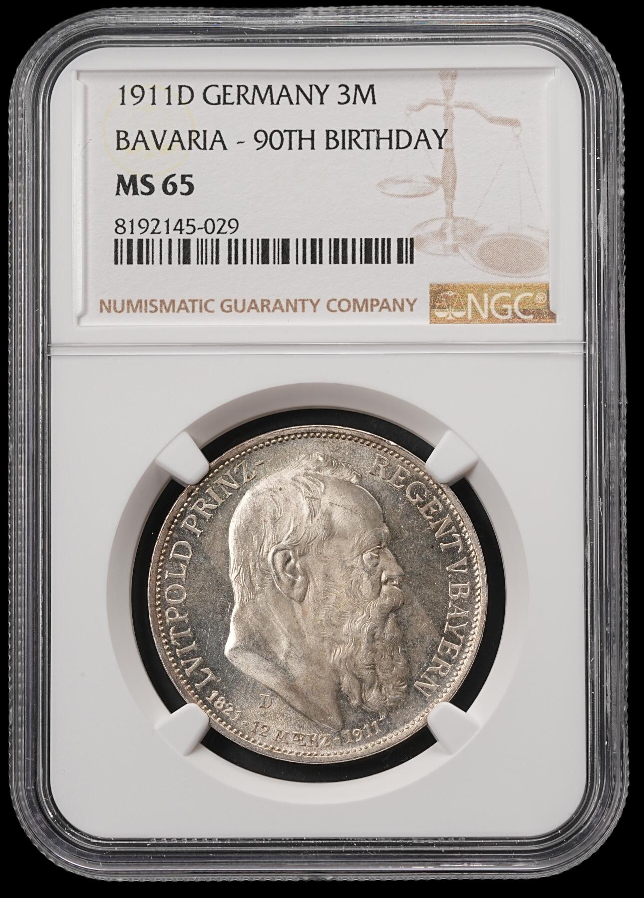 修遠堂世界钱币第五十六期 全场包邮 蛇年首拍 NGC MS65 1911年巴伐利亚摄政王90大寿纪念3马克银币