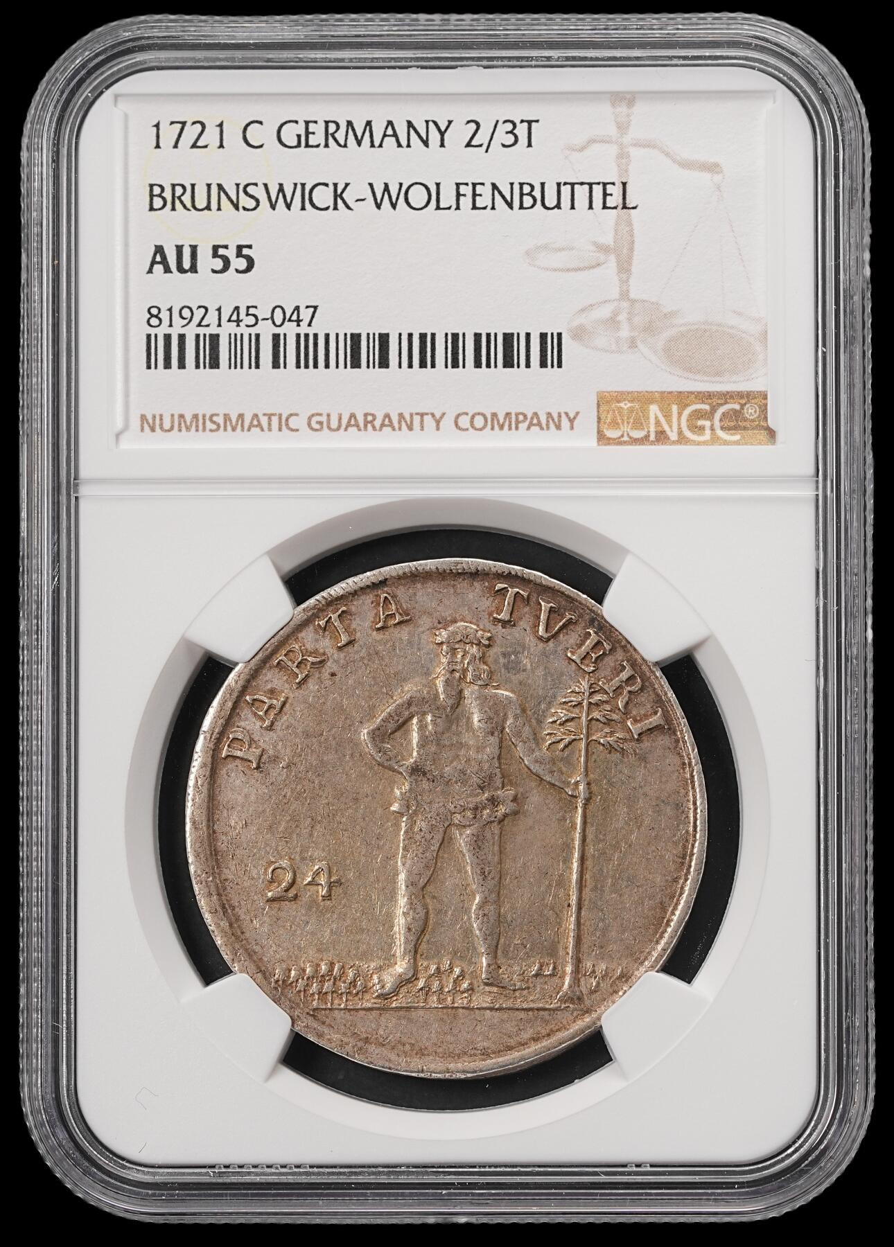 修遠堂世界钱币第五十六期 全场包邮 蛇年首拍 NGC AU55 1721年布伦瑞克·沃尔芬布特尔 野人24MG（2/3泰勒）银币