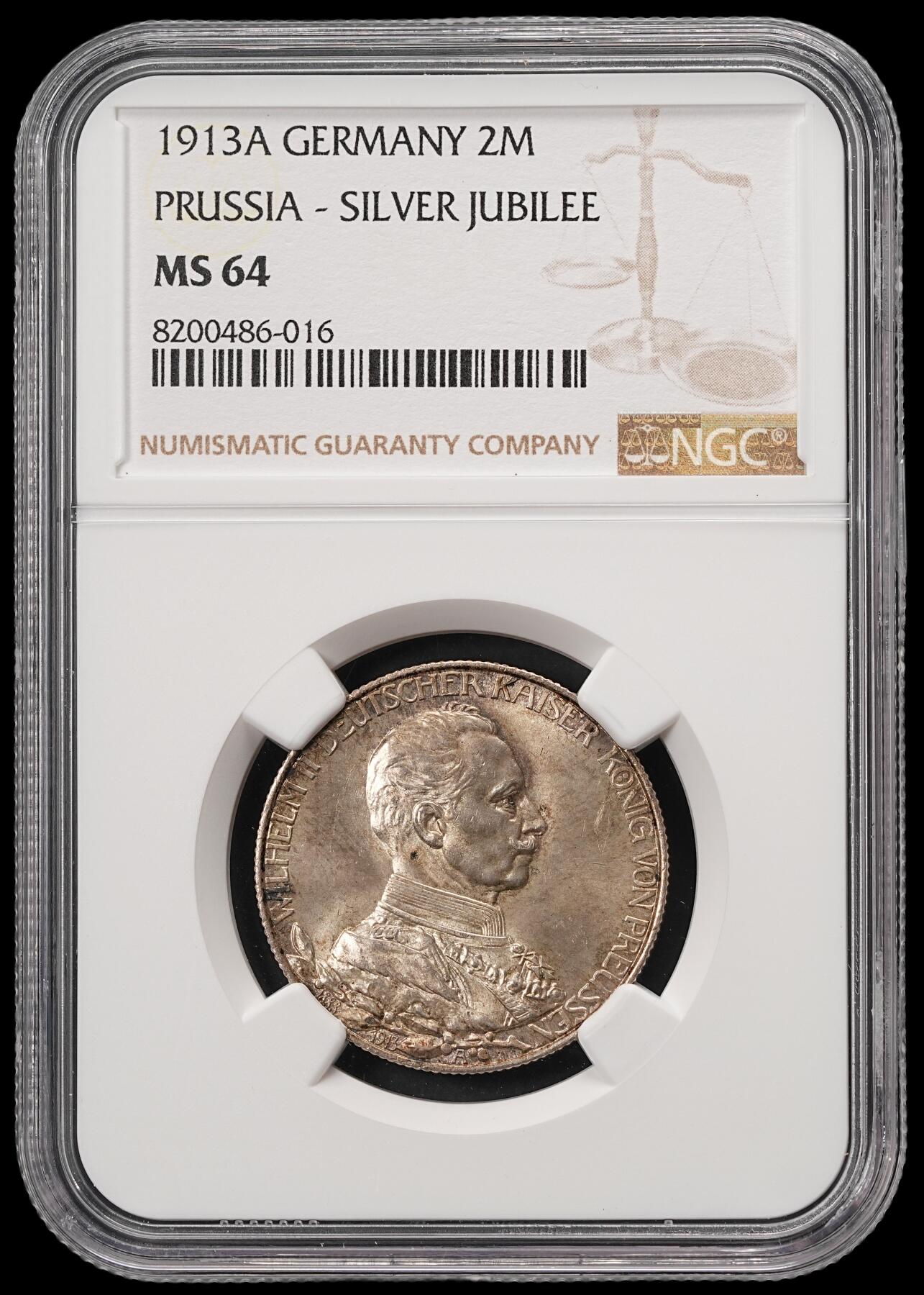 修遠堂世界钱币第五十六期 全场包邮 蛇年首拍 NGC MS64 1913年威廉二世执政25周年纪念2马克银币
