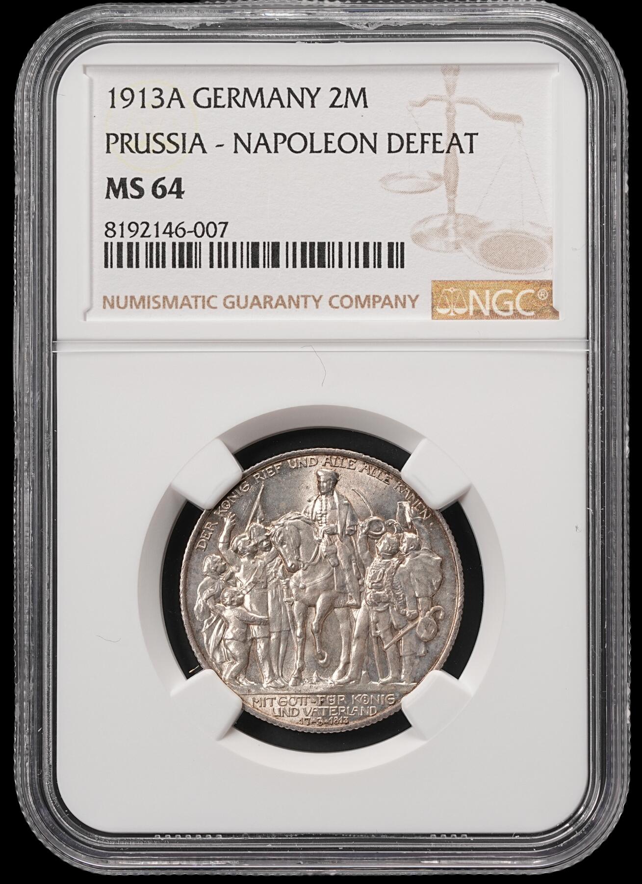 修遠堂世界钱币第五十六期 全场包邮 蛇年首拍 NGC MS64 1913年普鲁士战胜拿破仑百年纪念2马克银币