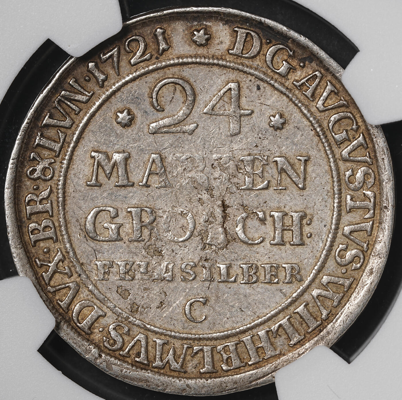 修遠堂世界钱币第五十六期 全场包邮 蛇年首拍 NGC AU55 1721年布伦瑞克·沃尔芬布特尔 野人24MG（2/3泰勒）银币