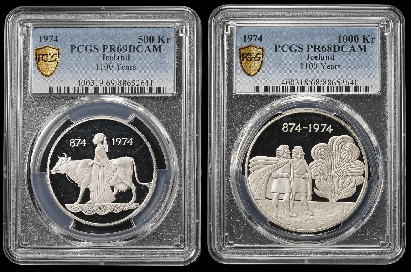 修遠堂世界钱币第五十六期 全场包邮 蛇年首拍 PCGS评级 1974年冰岛定居1100年纪念精制银币两枚 带盒证 两枚共重50g，925银