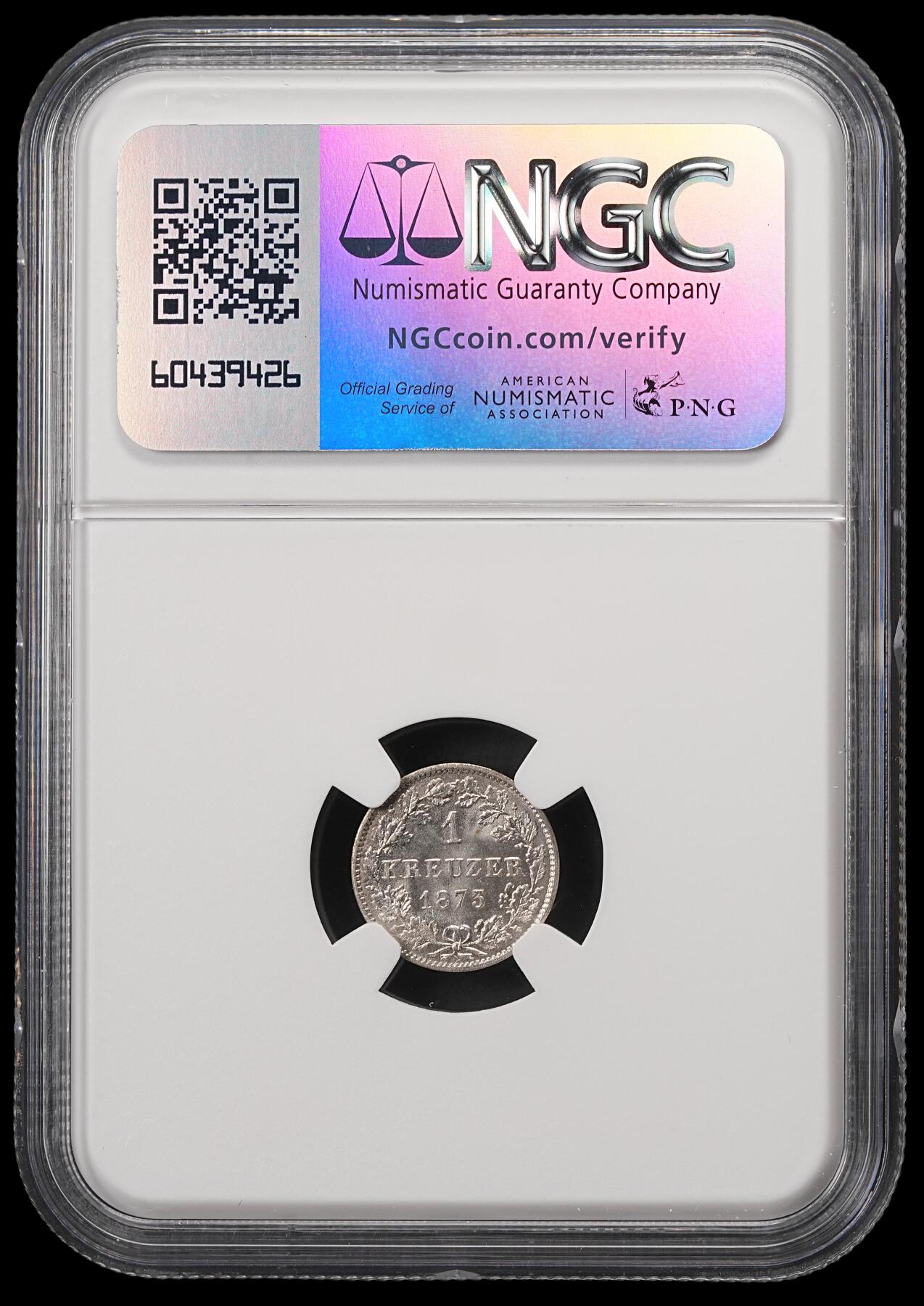 修遠堂世界钱币第五十六期 全场包邮 蛇年首拍 NGC MS66 1873年符腾堡1克鲁泽银币