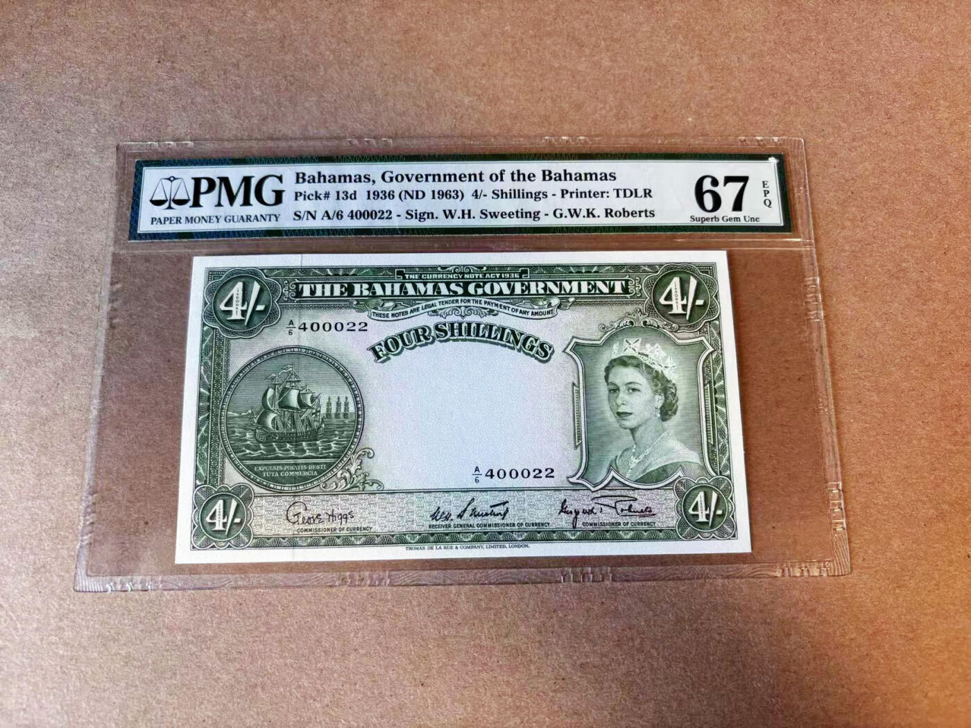 【Blue Auction】✨世界纸币精拍第614期（年前最后一场）    巴哈马 1963年4先令 大冠女王 PMG67EPQ 高分 老壳
