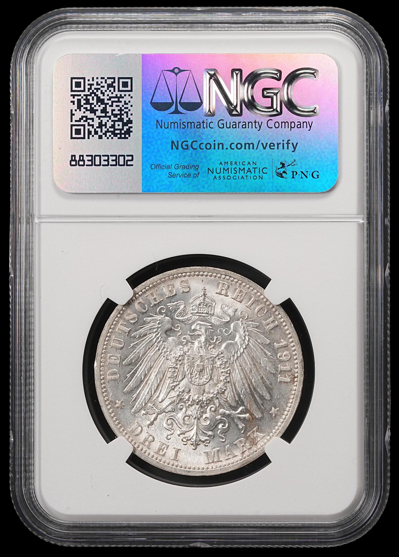 修遠堂世界钱币第五十六期 全场包邮 蛇年首拍 NGC MS65 1911年符腾堡国王银婚纪念3马克银币