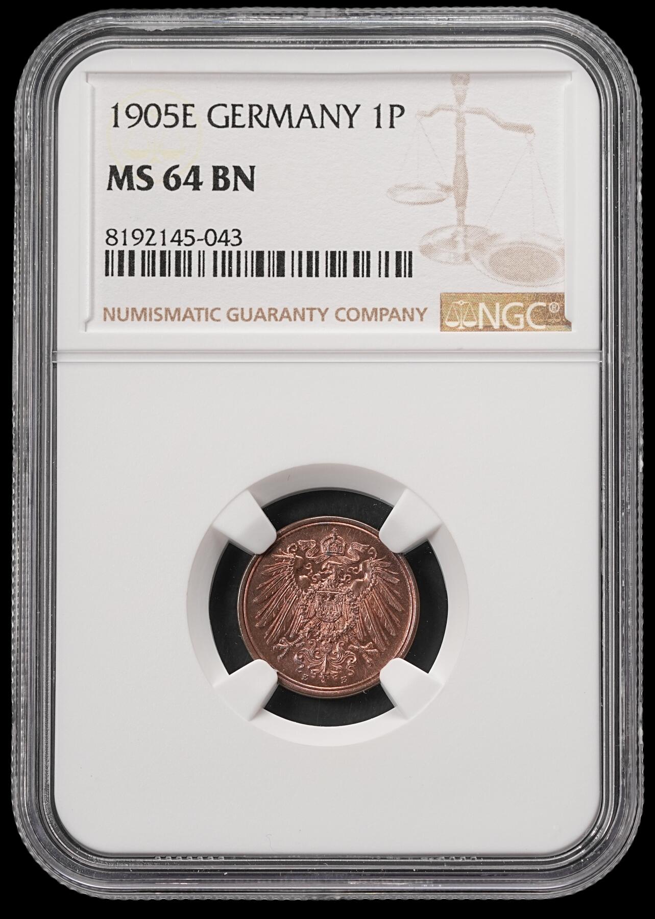 修遠堂世界钱币第五十六期 全场包邮 蛇年首拍 NGC MS64BN 1905年德意志第二帝国1芬尼铜币 E厂铭