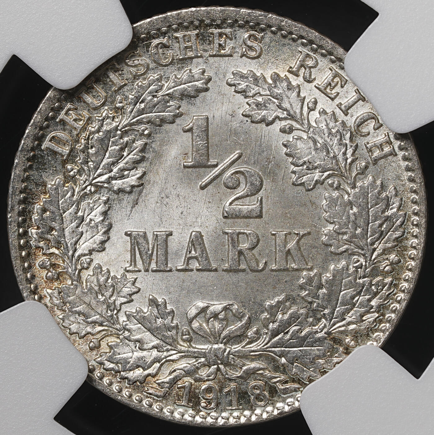 修遠堂世界钱币第五十六期 全场包邮 蛇年首拍 NGC MS67 1918年德国1/2马克银币 D厂铭