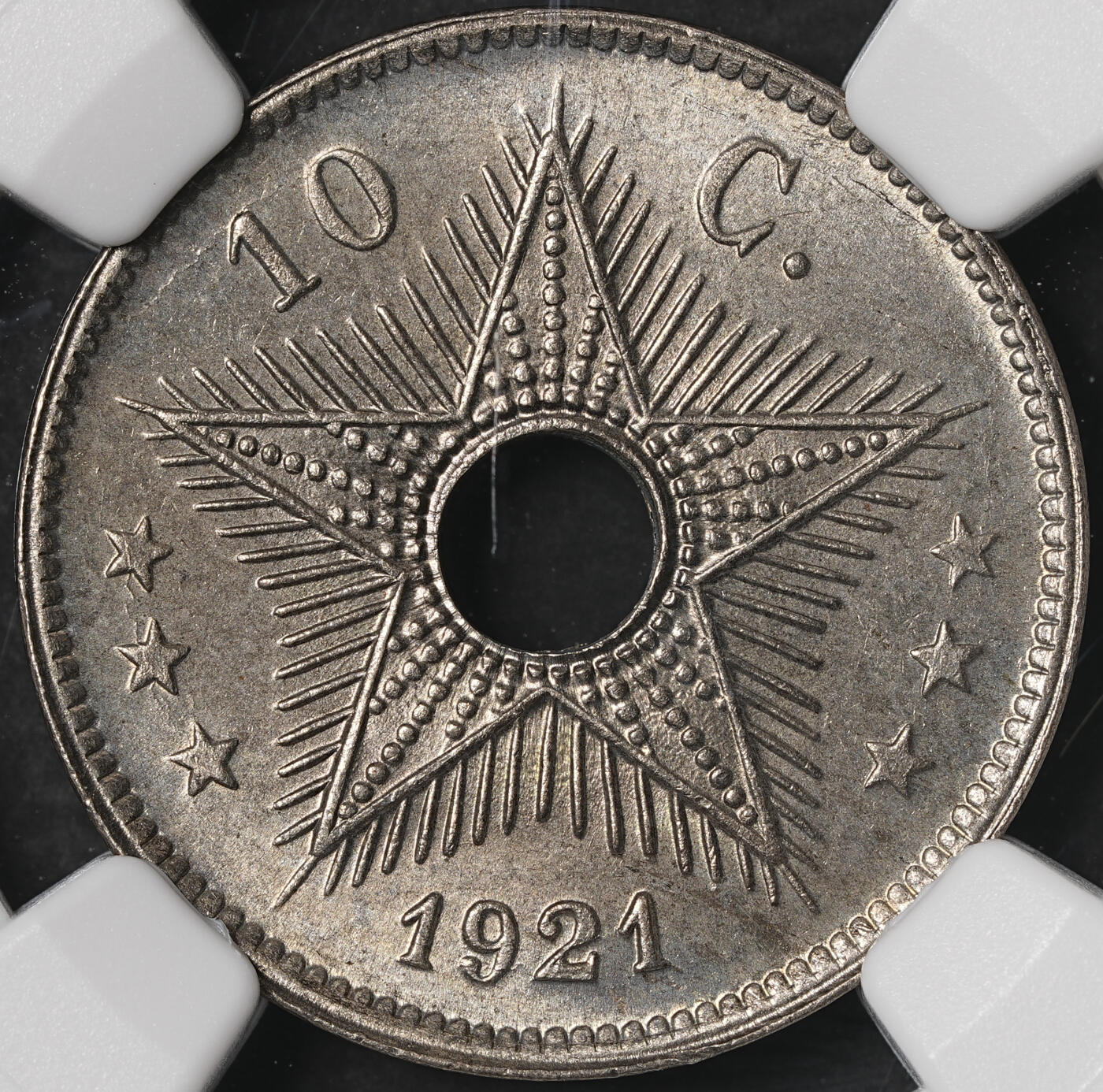 修遠堂世界钱币第五十六期 全场包邮 蛇年首拍 NGC MS65 1921年比属刚果中孔10分